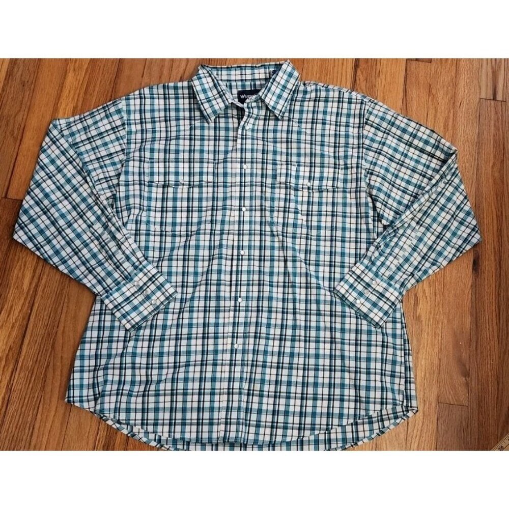 Wrangler Shirt 2XL Teal White Western Pearl Snap Long Sleeve Check Plaid